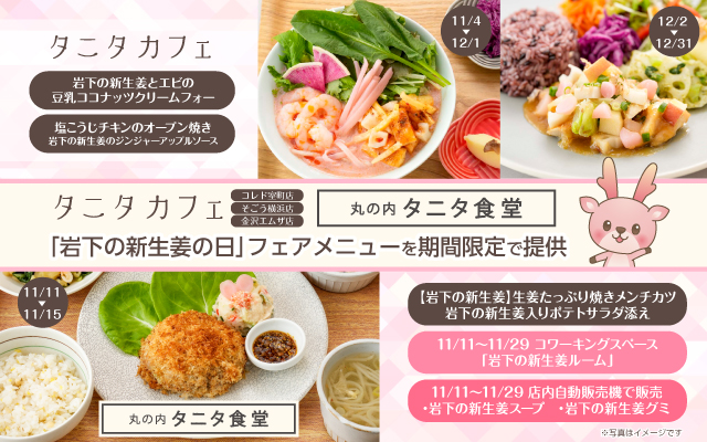 タニタカフェ（コレド室町店・そごう横浜店・金沢エムザ店）で11/4～12/31、丸の内タニタ食堂で11/11～15に「岩下の新生姜」を使用した期間限定メニューを提供。丸の内はコラボルームと商品販売も。