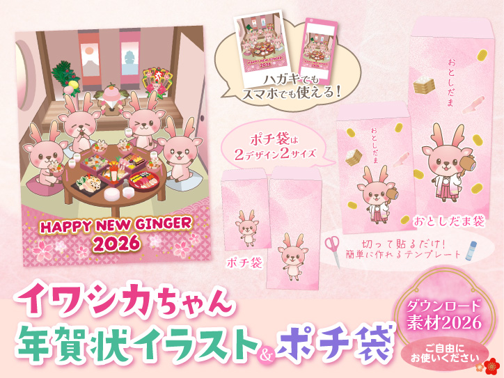 新年のご挨拶に！イワシカちゃんデザイン年賀状イラスト＆ポチ袋